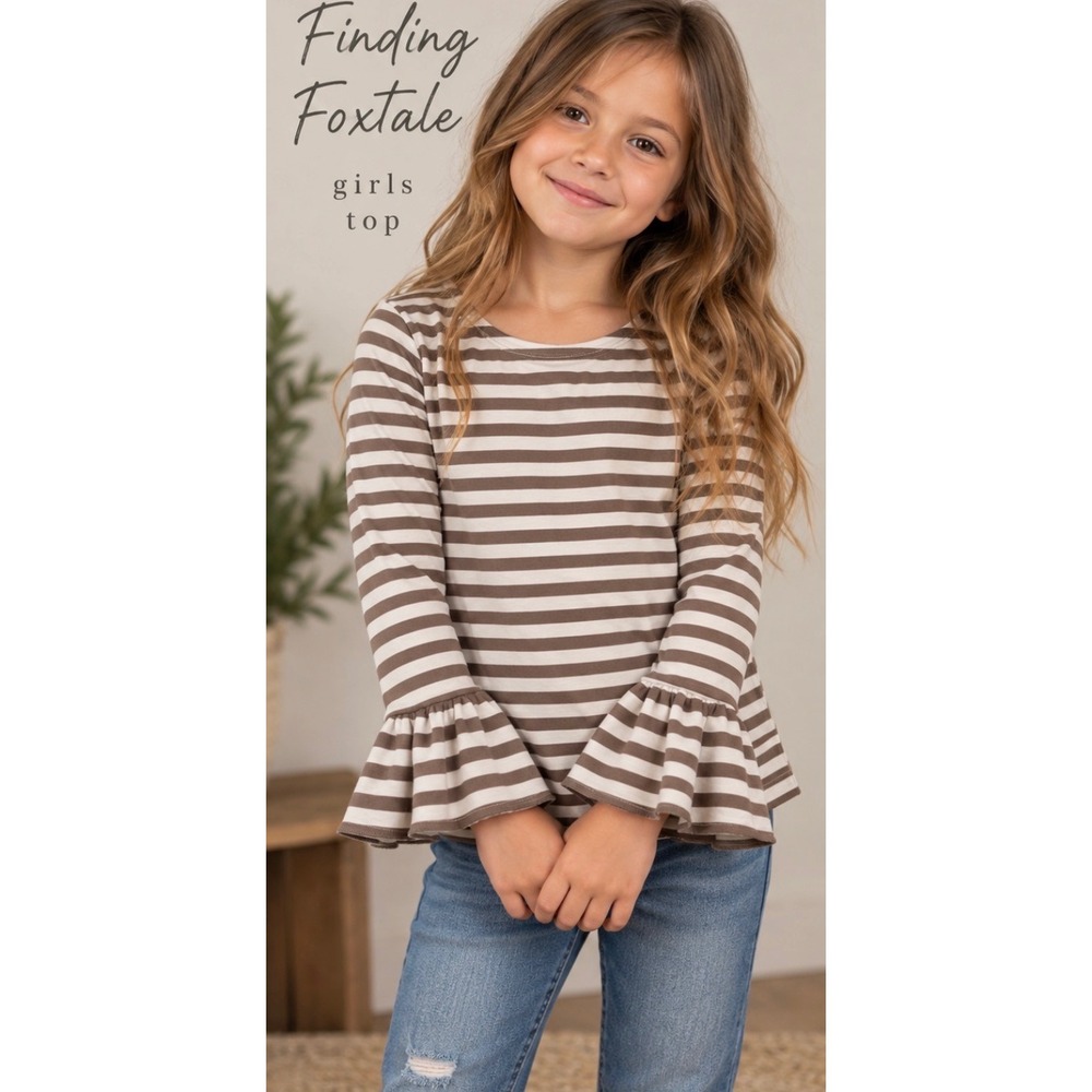 Finding Foxtale Girls Brown White Striped Ruffle Bell Sleeve Top Size 5